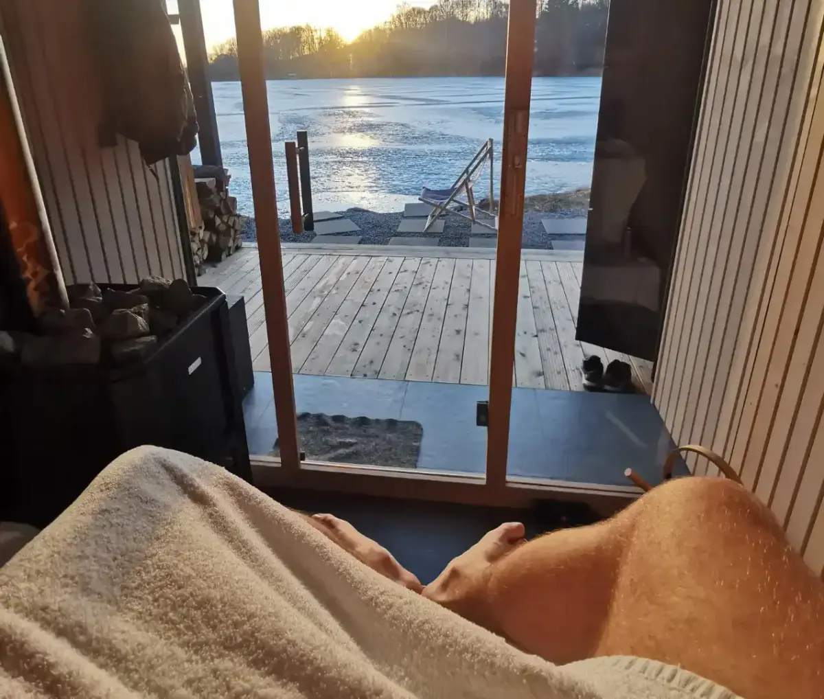 View from the sauna bench across the frozen Sigord Reservoir.